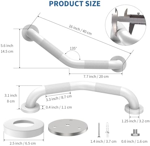 16 Inch Angled Shower Grab Bar White, Munzong 2 Pack Anti Slip Bathroom Grab Bar, Knurled Bathroom Balance Bar,Safety Hand Rail Support Handicap Elderly Injury Senior Assist Bath Handle-1.25” Tube