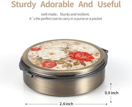 Dynippy Pill Case Pill Box with Mirror Pocket 3 Compartment Medicine Case Vitamin Pill Organizer for Pocket Purse and Travel (Round-Retro Rose Garden)