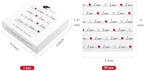 WRAPAHOLIC 50Pcs Valentine's Day Paper Napkins - 3-Ply Love Heart Disposable Cocktail Paper Napkin for Wedding, Anniversary, Party Tableware Party Supplies - 5 x 5 In