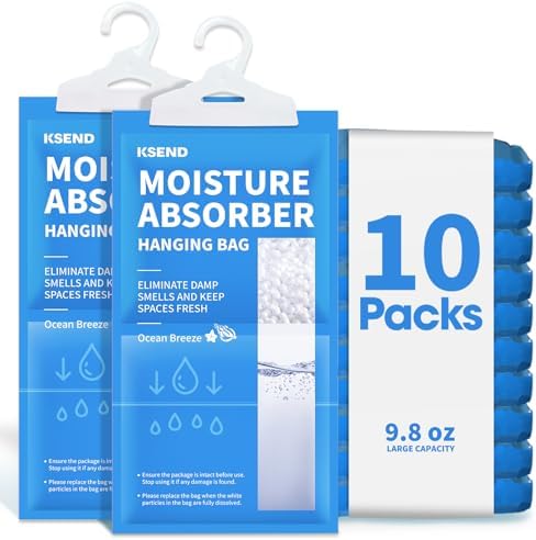 Ksend Moisture Absorbers 10 Pack, 9.8 Oz Compact Dehumidifier Bags & Packs, Moisture Hanging Bag, Humidity Absorbers, Closet Deodorizer Against Musty Odors, Ocean Scent, 11.8" x 6.3"