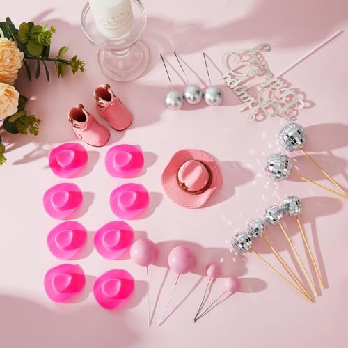 RoundFunny 26 Pcs Cowgirl Cake Decorations Cowgirl Cake Topper Disco Decorations Hat Topper Western Cowboy Birthday Baby Shower for Western Theme Party Supplies(Pink,Cute)