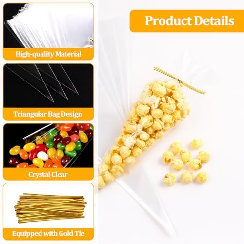 YFANITI Cone Cellophane Bags,100 PCS Cone Shaped Cellophane Treat Bags with twist Ties,Transparent Cone Cello Sweet Treat Bags for Party Favor(11.8x7.1 Inch)
