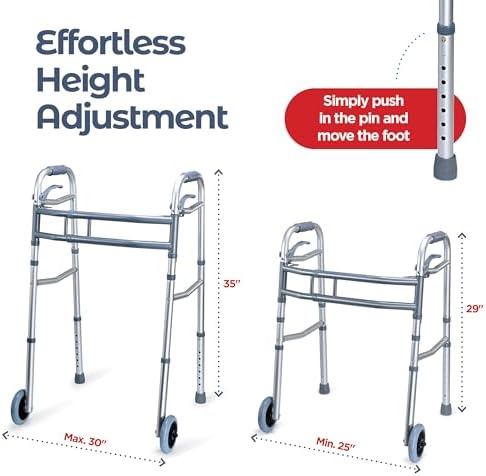 Medical king Walkers for Seniors Aluminum Lightweight Walker with Wheels, Adjustable Width and Height, Folding Walker for Elderly, Handicapped, Disabled 2 Wheels in Front