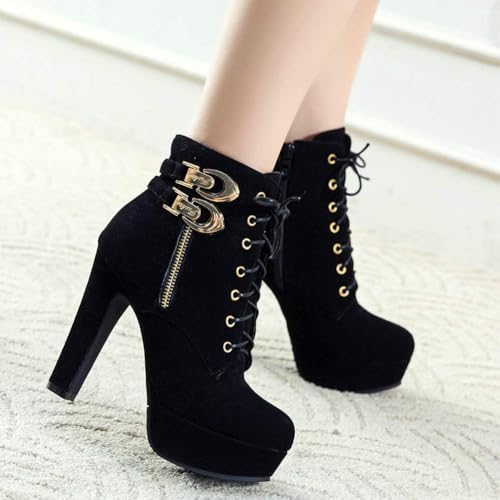 Women's High Heel Boots Suede Platform Lace Up Low Boots Fashion Chunky Stiletto Round Toe Sexy Ankle Booties With Buckle Decor