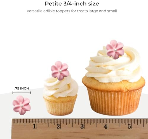 Mini Edible Royal Icing Flowers (36 Count), Petite Edible Flower Cake Decorations, Edible Flowers for Cupcakes, Flowers with Pearl Sprinkles for Cakes & Cupcakes, Global Sugar Art (Pink, 36 Count)