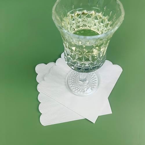 100 Pcs White Cocktail Napkins, 2-Ply Disposable Small Paper Napkins for Beverage, Dessert, Appetizer, 5x5 Inch Scalloped-Edge Cocktail Napkins for Bar, Party, Wedding, Birthday, Dinner & Everyday Use
