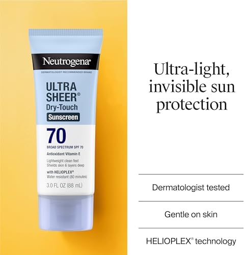 Neutrogena Ultra Sheer Dry-Touch Sunscreen Lotion SPF 70, Broad Spectrum, Water Resistant 80 Min, Oil-Free, Oxybenzone-Free, Non-Comedogenic, Matte Finish, Body Sunscreen, Travel Size 3 Fl Oz