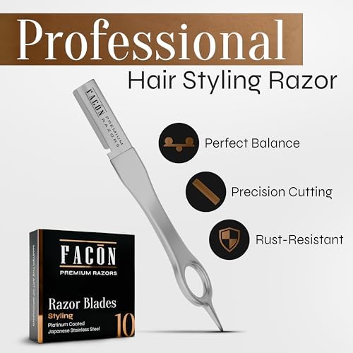 Facón Beard Razor for Men - Professional Beard Shaping Tool Grooming Kit with 11 Replacement Blades, Mustache Shaper, Edger & Lineup, Premium Precision Straight Edge Razor 100% Stainless Steel Blade