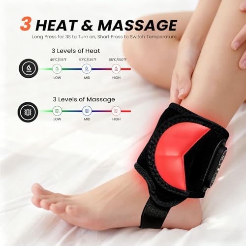 Cordless Red Light Therapy for Ankle Massager Heating Pad, 660nm Red & 850nm Infrared Light Therapy Wrap with Vibration & Heat, 3000mAh Rechargeable for Ankle Wrist Foot Arch Comfort (Black)