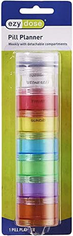 Ezy Dose Weekly (7-Day) Daily Stackable Pill Case, Medicine Planner, Vitamin Organizer Box, Medium Detachable Compartments, Easy to Use, Rainbow Colors, BPA Free