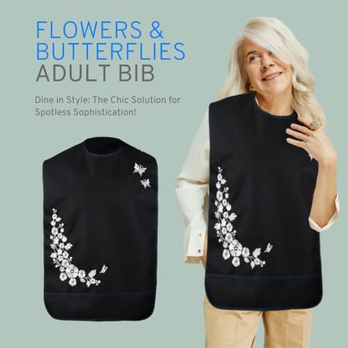 Modaliv Reusable Adult Bib for Women – Floral, Full-Cover Embroidered Eating Protector – Washable Bib for Seniors, Elderly, Dementia Care, Mom – Dignified Adaptive Clothing Gift