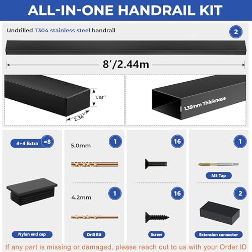 2Pack 8FT T304 Stainless Steel Handrails Black with Extension Connectors End Cap Kits for Cable Railing System Posts Kit, Cuttable Rectangular Handrails Flat Top Rail - 2.36" W x 1.18" H