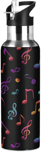 Colorful Music Note Water Bottle Vacuum Insulated Stainless Steel Mug Kids Water Bottle with Straw and Handle Keep Hot Cold Sport Bike Fit Travel Outdoor 20 oz
