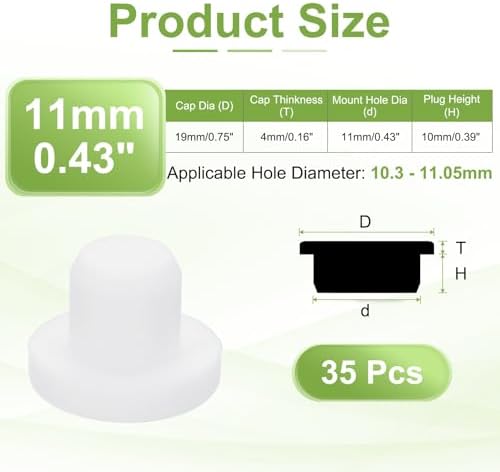 uxcell 35Pcs Silicone Hole Plug 11mm, White High Temp T Type Rubber Stoppers for 10.3-11.05mm Hole, Solid Waterproof Button Hole End Covers for Powder Coating, Sealing Plugs, Pipe Holes
