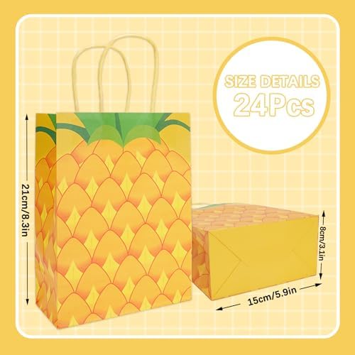 JarThenaAMCS 24Pcs Pineapple Paper Gift Bags Hawaiian Summer Fruit Candy Goodie Treat Bags with Handles Reusable Yellow Grocery Shopping Bag for Luau Birthday Party Supplies