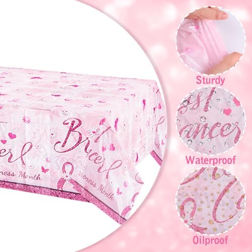 WANDIC Pink Ribbon Kit, 1 Piece Tablecloth and 2Pcs Banners for October Cancer Breast Cancer Awareness Survivor Warrior Fighter Gifts for Ladies Women