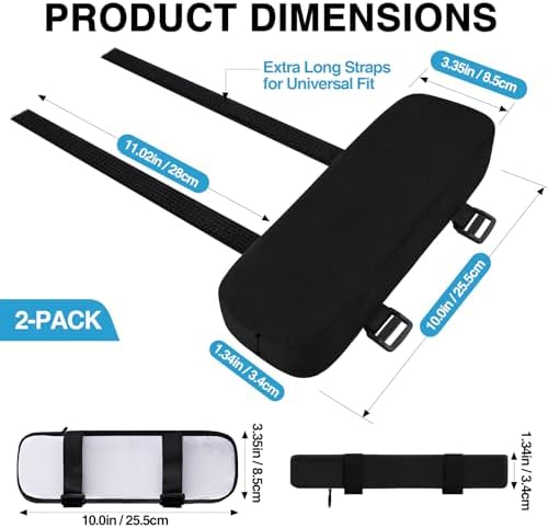 Smiry Ergonomic Office Chair Armrest Pads, Memory Foam Arm Rest Covers, Non-Slip Armrest Cushion with Adjustable Buckles and Straps, Elbow Relief for Desk, Gaming & Wheelchair (Black, Set of 2)