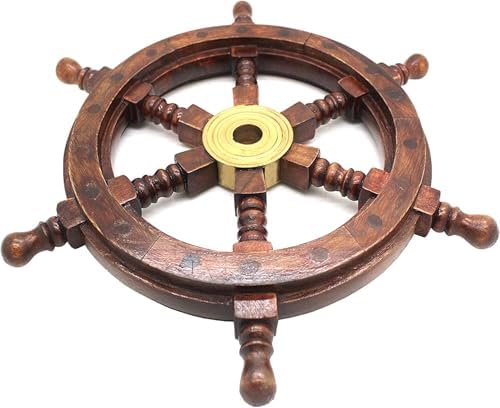 Nautical Sheesham Wood Ship Wheel with Brass Center Home Decoration Gifts (12"), Inch