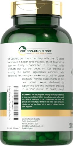 Carlyle Reishi Mushroom Supplement | 300 Capsules | Non-GMO, Gluten Free Reishi Mushroom Extract