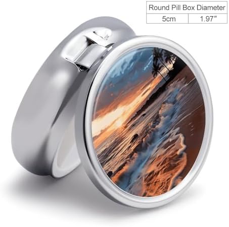 Beach Maui Hawaii Sunset Sea Waves Clouds Pill Box,3 Compartments Round Small Pills Case Moisture-Proof Portable Pill Container for Travel Vitamins Fish Oil Supplements
