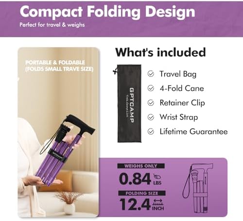GPTCAMP G2 Walking Stick, Fold-up Walking Cane for Women and Men with Wrist Strap, Portable, Foldable, Collapsible, Lightweight and Sturdy with Comfortable T Handle