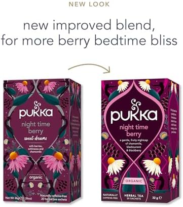 Pukka Organic Night Time Berry Herbal Tea with Chamomile, Echinacea, and Elderberry, Caffeine Free, 20 Total Tea Bags