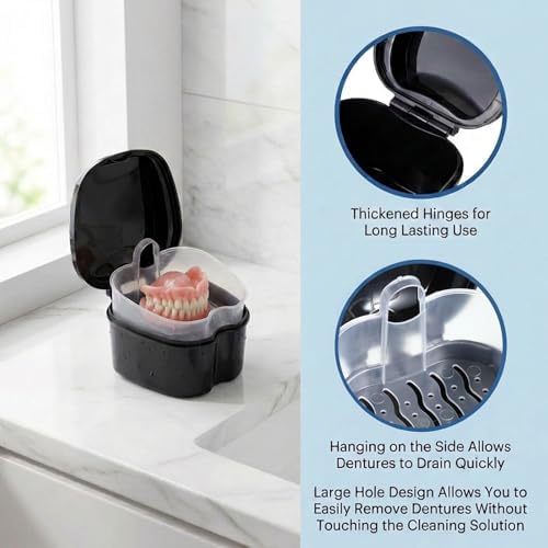 2 PCS Denture Bath Case Cup Kit Retainer Cleaner Holder Case False Teeth Container for Soaking Dentures Storage Box Cases with Strainer Basket and Brush Travel
