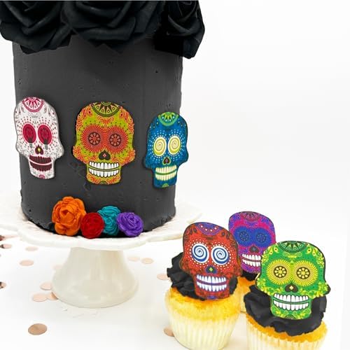 Large Edible Sugar Skulls Assorted Set of 12 - Wafer Cake & Cupcake Toppers - edible sugar skulls for cake decorating - Dia De Los Muertos & Halloween cupcake toppers