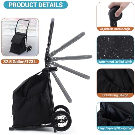 2-in-1 Foldable Grocery Cart with Seat, Portable Utility Cart & Hand Truck, 32.5 Gal Removable Waterproof Bag, Heavy Duty Collapsible Shopping Trolley, 132 lbs Capacity, Black