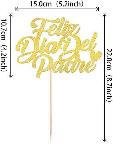 1 Pack Feliz Día Del Padre Cake Topper Glitter Happy Father's Day Cake Picks Spanish Feliz Cumpleaños Papa Cake Decoration for Happy Father's Day Party Supplies Gold