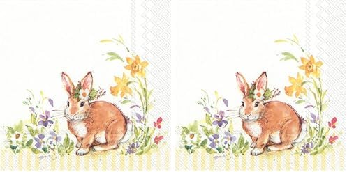 IHR Ideal Home Range Cocktail Napkins Disposable 3-Ply Paper Party Napkin Pack, 5" x 5", Lovely Bunny (Yellow), 20-Count (Pack of 2)