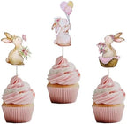 24 Pack Easter Bunny Cupcake Toppers Rabbit Pink Flowers Cupcake Picks Easter Day Cake Toppers for Easter Theme Spring Birthday Baby Shower Party Decoration Supplies