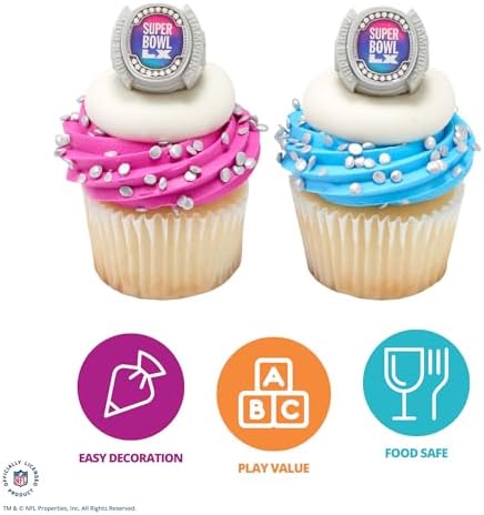 DecoPac NFL Super Bowl LX Rings, Cupcake Decorations, Officially Licensed, Football Rings, Food Safe Cake Toppers – 24 Pack