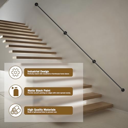 DAMEING Stair Railing 10FT Metal Staircase Handrail for Outdoor Steps, Black Galvanized Industrial Iron Pipe Hand Rail for Indoor Porch Stairs Wall Mount for Elderly Safety