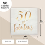 BLUE PANDA 50th Birthday Napkins for Women - Gold Foil & Fabulous Design - Absorbent 3-Ply Cocktail Napkins for 50th Birthday Decorations - 5 x 5 in, Pack of 50, White