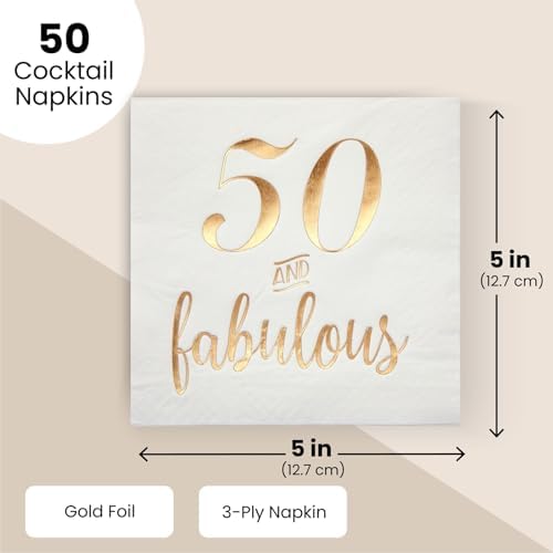 BLUE PANDA 50th Birthday Napkins for Women - Gold Foil & Fabulous Design - Absorbent 3-Ply Cocktail Napkins for 50th Birthday Decorations - 5 x 5 in, Pack of 50, White