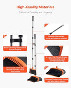 VEVOR Broom and Dustpan Set, Heavy Duty Dustpan and Broom Combo with Self-Cleaning Teeth, Metal Upright Standing Dust Pan with Long Handle, Ideal for Home, Restaurant, Office, Dorm, Black+Orange