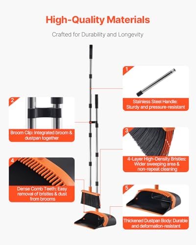 VEVOR Broom and Dustpan Set, Heavy Duty Dustpan and Broom Combo with Self-Cleaning Teeth, Metal Upright Standing Dust Pan with Long Handle, Ideal for Home, Restaurant, Office, Dorm, Black+Orange