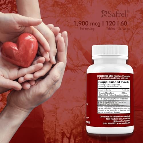 Safrel Organic Maca Root Black, Red, Yellow 1900 MG per Serving - 120 Vegan Capsules Peruvian Maca Root Gelatinized 100% Pure Non-GMO Supports Reproductive Health Natural Energizer