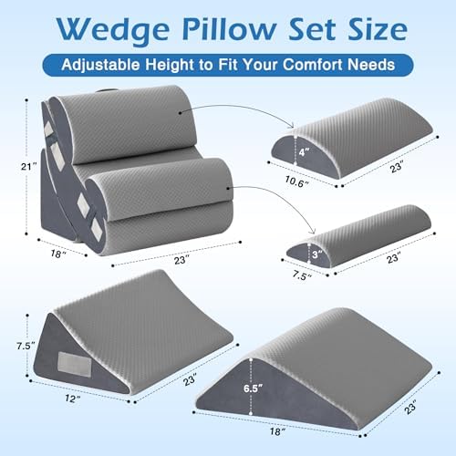 6PCS Orthopedic Bed Wedge Pillow Set for Sitting up in Bed, Memory Foam Post Surgery Pillow for Back Pain Relief, Back Support Pillow for Acid Reflux Relief, GERD, Anti Snoring (Grey)