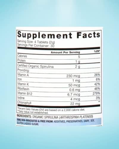 BioOptimal Organic Spirulina Tablets - Organic, Non-GMO, No Additives or Fillers - 500mg Premium Quality Dietary Supplement with Vitamins, Minerals, & Antioxidants (120 Tablets)