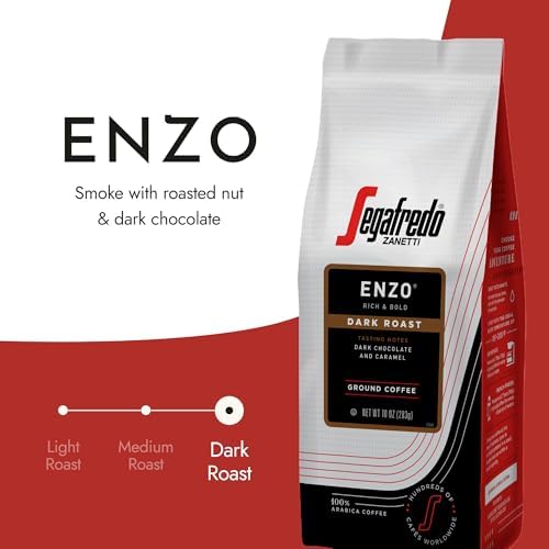 Segafredo Zanetti Ground Coffee – Made with Arabica Coffee – Dark Roast, Smoky with Hints of Roasted Nuts & Dark Chocolate – South American Blend – Rich, Full-Bodied – Enzo, 10oz Bag, Pack of 6