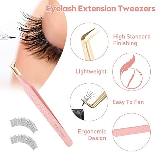Ms.Queen 90 Degree Lash Tweezers for Eyelash Extensions, Precision Fiber Tip Grip Mega Volume Lash Tweezers