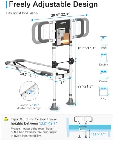 Bed Rails for Elderly Adults Safety - ASTM Compliant, 350 lb Heavy Duty Foldable Bed Assist Rail for Seniors, Adjustable Bed Cane with Non Slip Handle, Light & Pouch, Fits Twin Full Queen King Grey