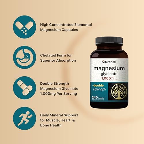 NatureBell Magnesium Glycinate 1,000mg, 240 Capsules | 500mg per Capsule | 100% Chelated & Purified | Sleep, Muscle & Nerve Support | Non-GMO, Gluten-Free