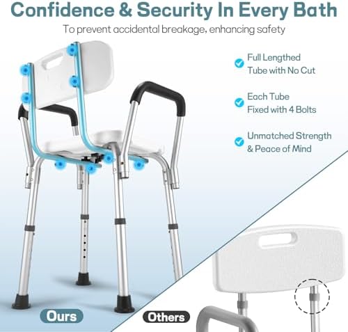 Shower Chair for Elderly and Disabled with Padded Armrests and Back, Adjustable Height Shower Seat, Tool-Free Heavy Duty Shower Chairs for Inside Shower, Handicap