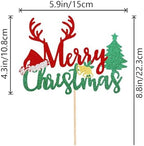 1Pcs Merry Christmas Cake Topper Glitter Xmas Tree Santa Hat Reindeer Christmas Cake Decoration for New Years Eve Xmas Holiday Birthday Party Supplies