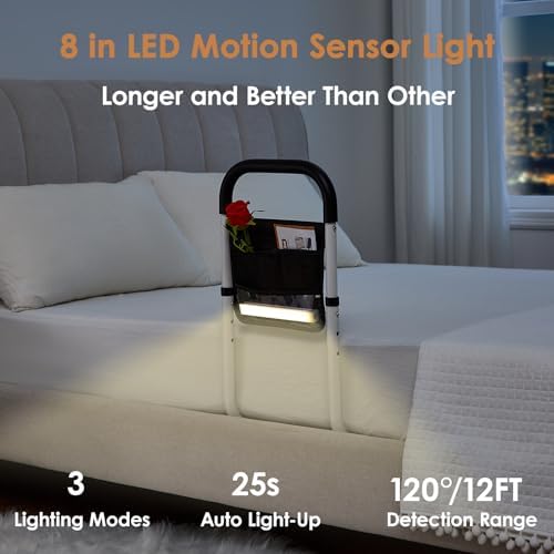 Bed Rail for Elderly Adults Safety with Motion-Activated Light & Non-Slip Grab Bar, Bed Assist for Seniors with Storage Pocket & Fall Prevention Guard, Fits King, Queen, Full, Twin Bed