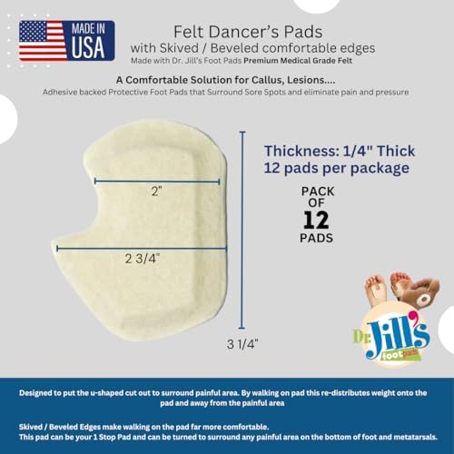 Dr. Jill's Foot Pads, Latex Free, YJ30-4055, Sesamoid Pad Skived 1/4" Felt -Right- (12 Pack) Dancers Pad