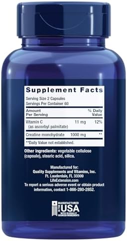 Life Extension Creatine Capsules – Creatine Monohydrate – Promotes Strength, Lean Muscle, Healthy Endurance – Non-GMO, Gluten-Free – 120 Capsules